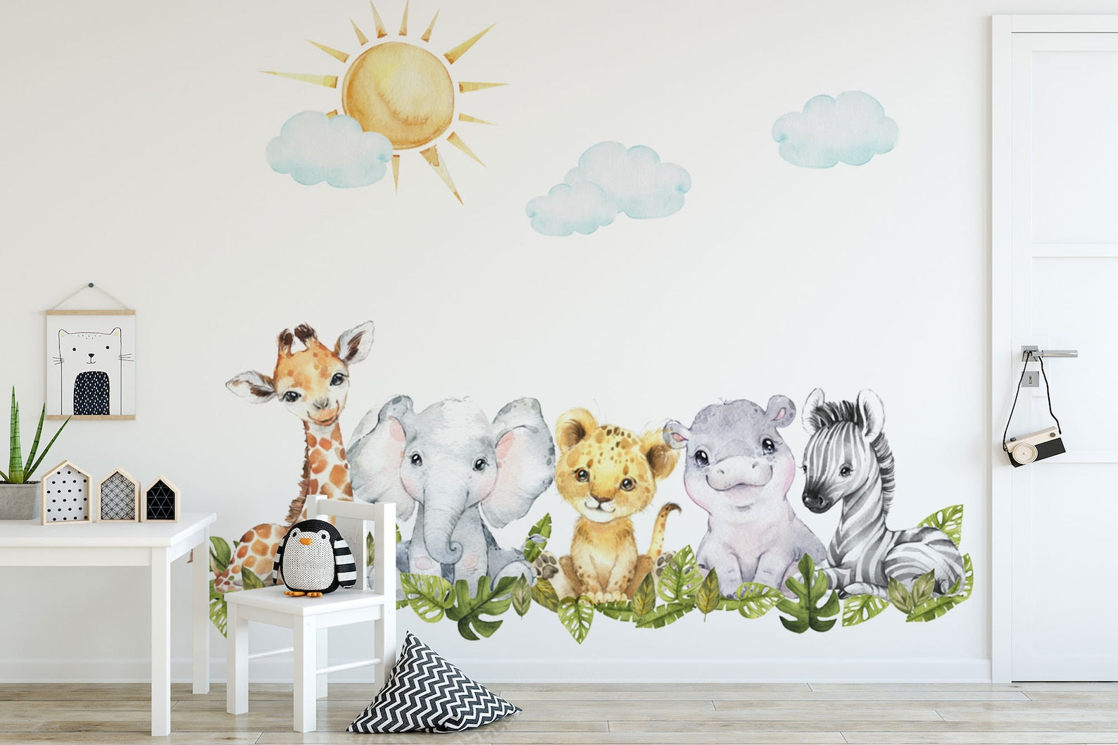 Baby Safari Animals Watercolor Wall Decal | Nursery Mural | Lion Elephant Sticker