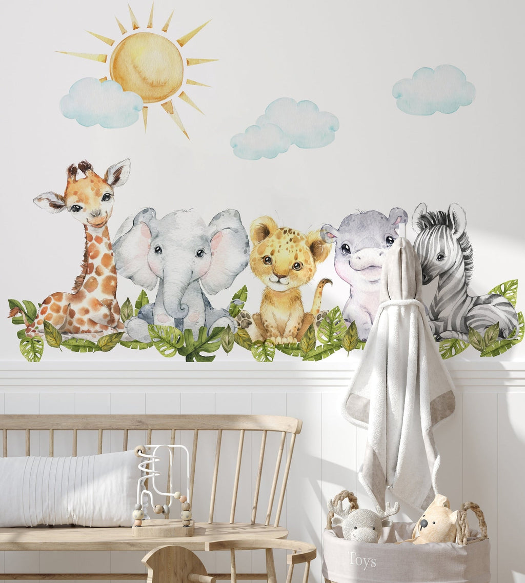 Baby Safari Animals Watercolor Wall Decal | Nursery Mural | Lion Elephant Sticker
