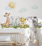 Baby Safari Animals Watercolor Wall Decal | Nursery Mural | Lion Elephant Sticker