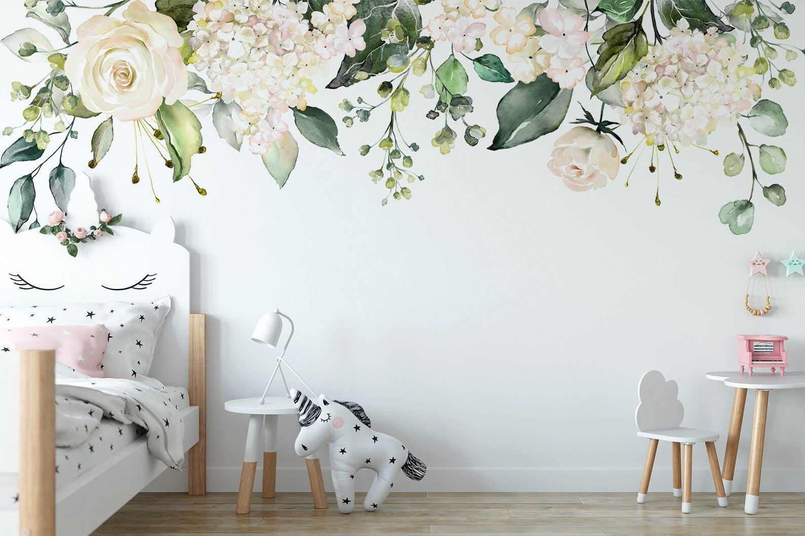 Watercolor White Floral Wall Decal | Soft Bouquet Wall Mural | Nursery Flowers Art Print