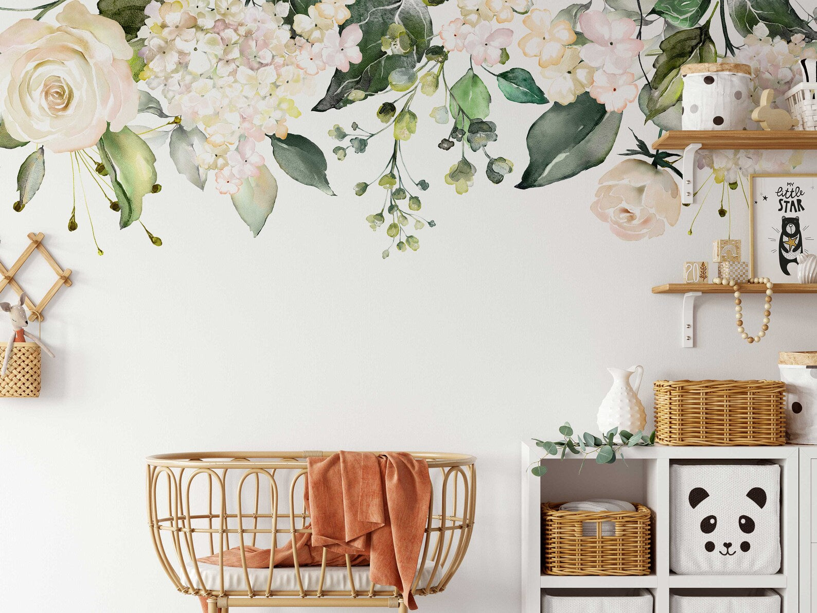 Watercolor White Floral Wall Decal | Soft Bouquet Wall Mural | Nursery Flowers Art Print
