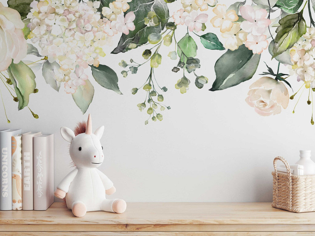 Watercolor White Floral Wall Decal | Soft Bouquet Wall Mural | Nursery Flowers Art Print
