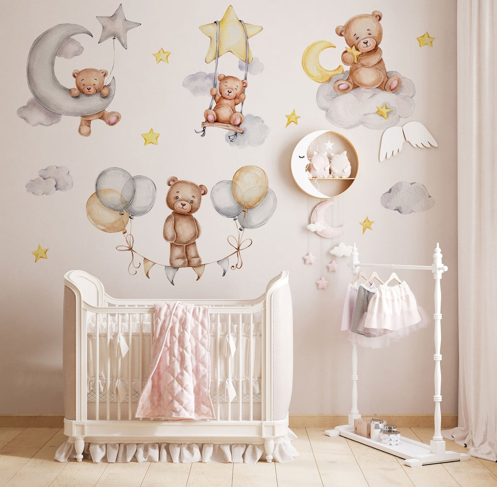 Sleeping Bears Wall Decal | Bears in the Air Nursery Wall Sticker | Clouds and Stars Wall Decor