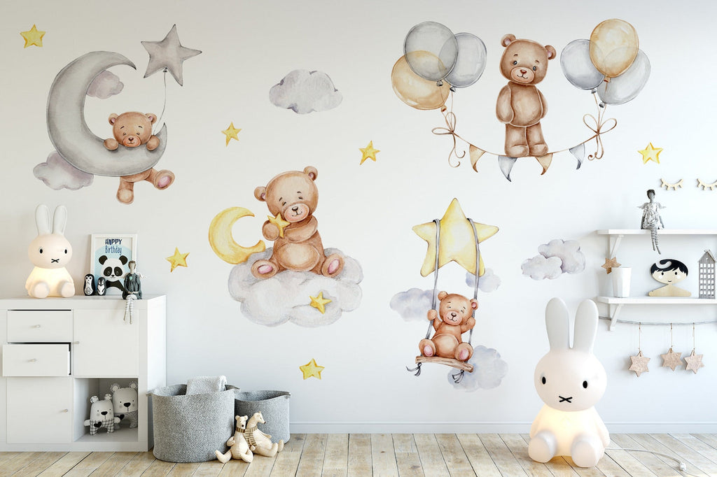 Sleeping Bears Wall Decal | Bears in the Air Nursery Wall Sticker | Clouds and Stars Wall Decor