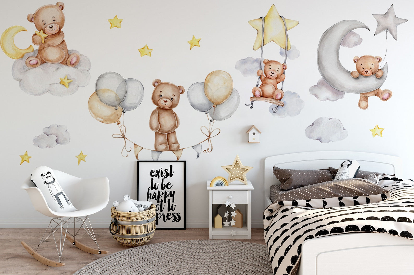 Sleeping Bears Wall Decal | Bears in the Air Nursery Wall Sticker | Clouds and Stars Wall Decor
