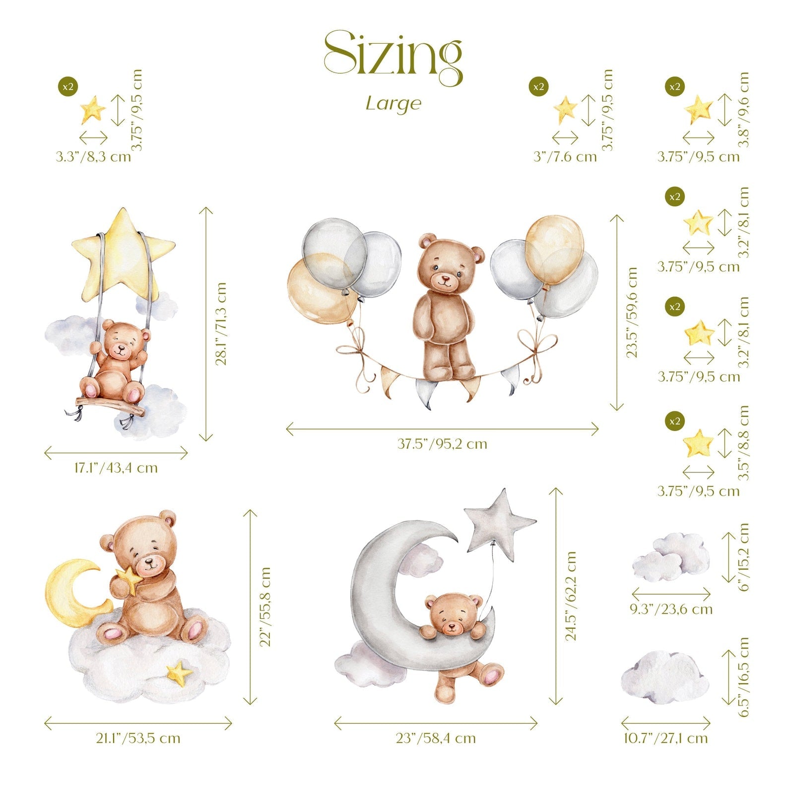 Sleeping Bears Wall Decal | Bears in the Air Nursery Wall Sticker | Clouds and Stars Wall Decor
