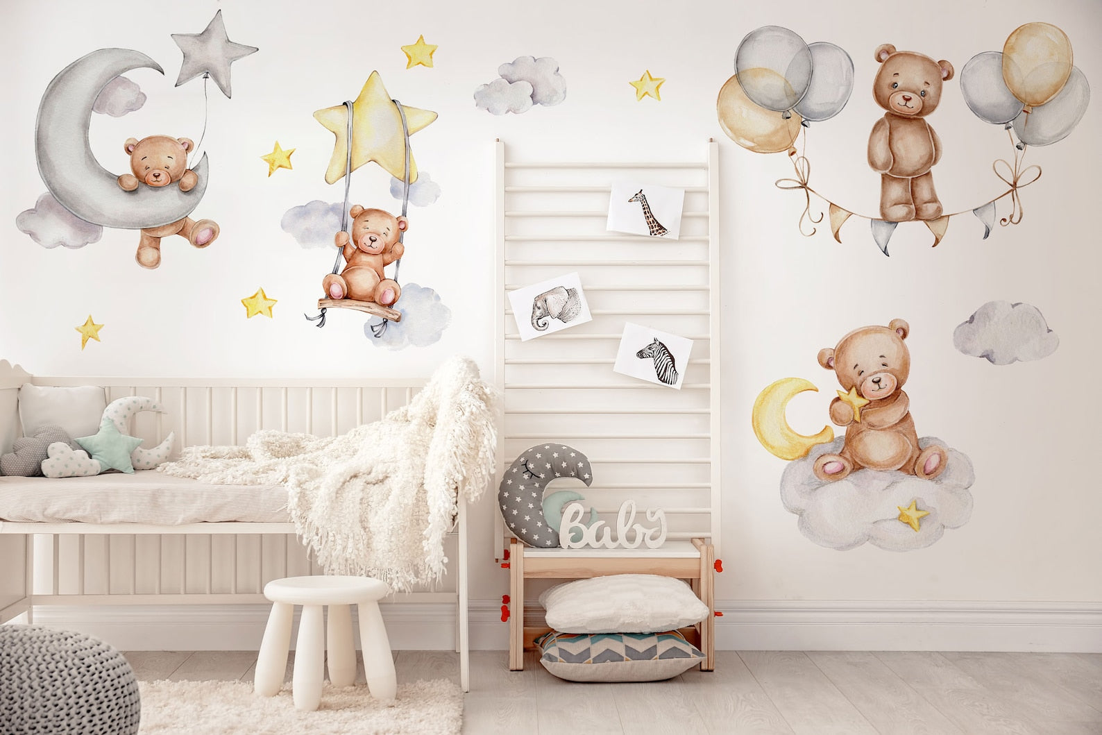 Sleeping Bears Wall Decal | Bears in the Air Nursery Wall Sticker | Clouds and Stars Wall Decor