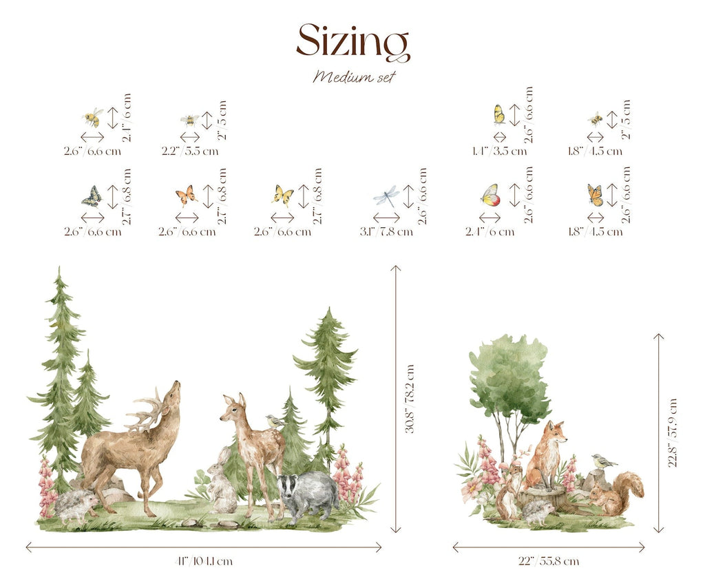 Forest Animals Wall Decal | Cute Animals with Big Trees Wall Sticker | Nursery Watercolor Forest Animals Wall Decals
