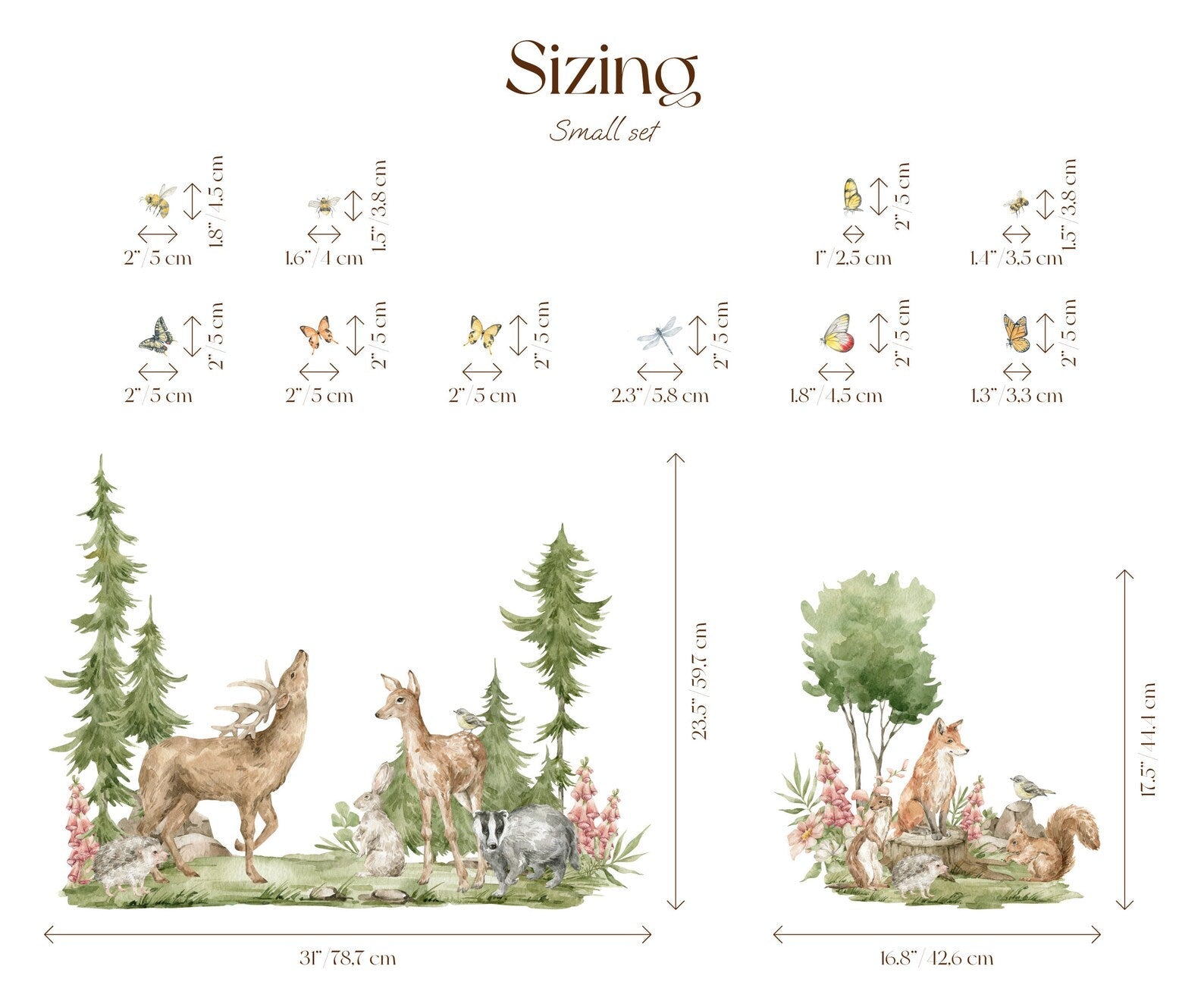 Forest Animals Wall Decal | Cute Animals with Big Trees Wall Sticker | Nursery Watercolor Forest Animals Wall Decals