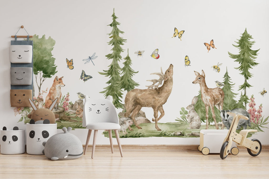 Forest Animals Wall Decal | Cute Animals with Big Trees Wall Sticker | Nursery Watercolor Forest Animals Wall Decals