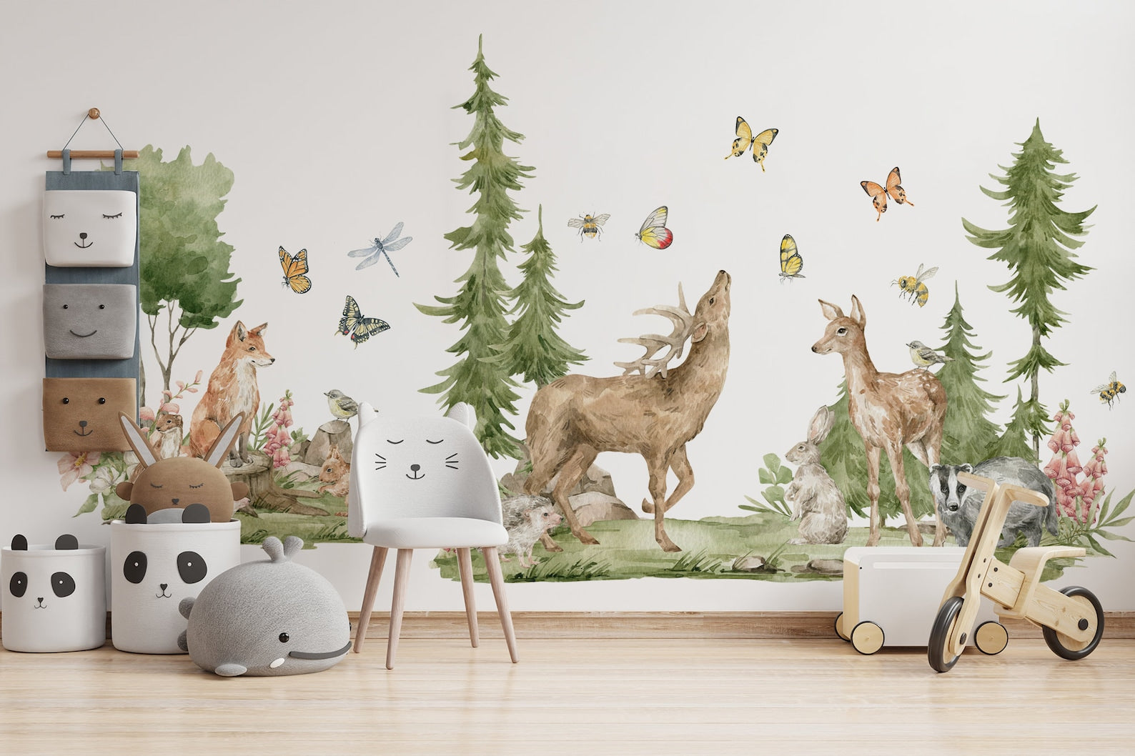 Forest Animals Wall Decal | Cute Animals with Big Trees Wall Sticker | Nursery Watercolor Forest Animals Wall Decals