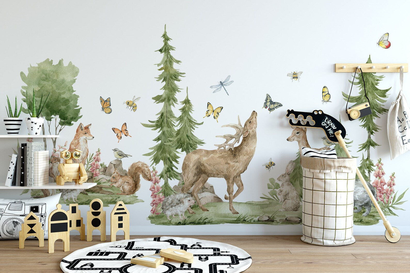 Forest Animals Wall Decal | Cute Animals with Big Trees Wall Sticker | Nursery Watercolor Forest Animals Wall Decals