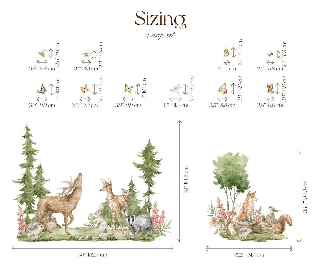 Forest Animals Wall Decal | Cute Animals with Big Trees Wall Sticker | Nursery Watercolor Forest Animals Wall Decals