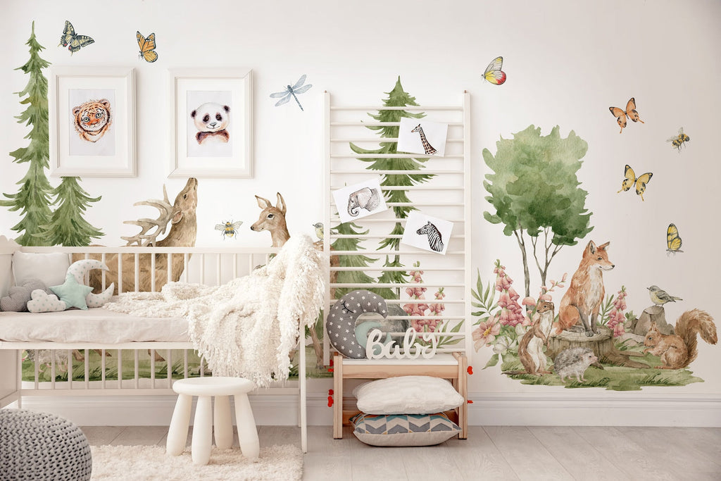 Forest Animals Wall Decal | Cute Animals with Big Trees Wall Sticker | Nursery Watercolor Forest Animals Wall Decals