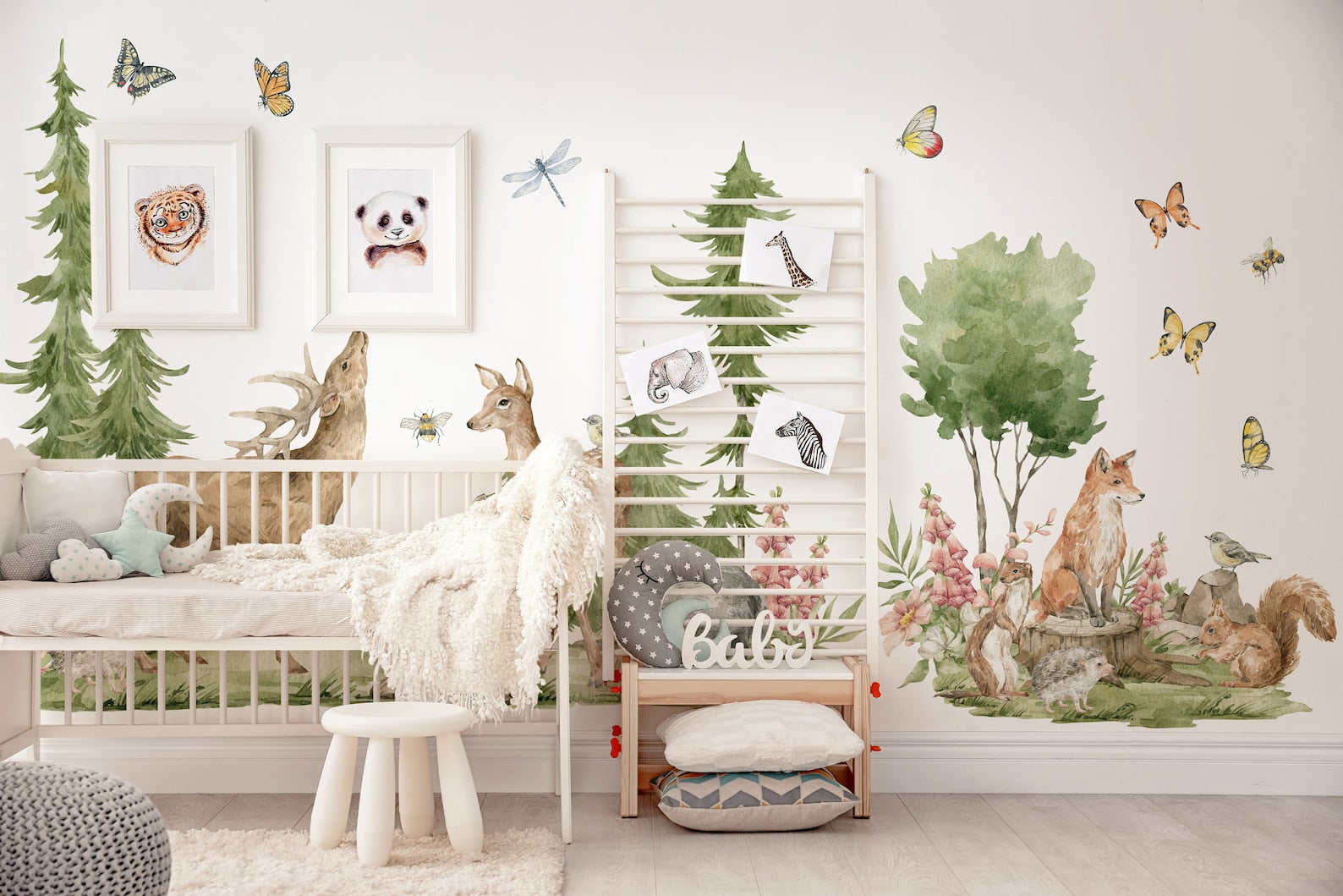 Forest Animals Wall Decal | Cute Animals with Big Trees Wall Sticker | Nursery Watercolor Forest Animals Wall Decals
