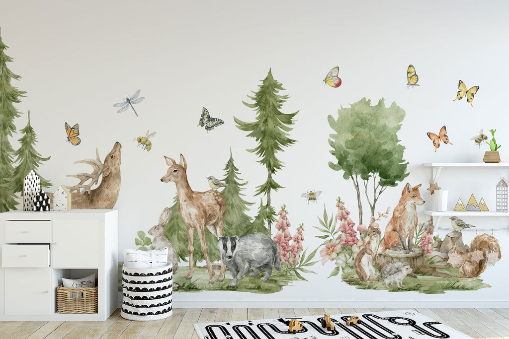 Forest Animals Wall Decal | Cute Animals with Big Trees Wall Sticker | Nursery Watercolor Forest Animals Wall Decals