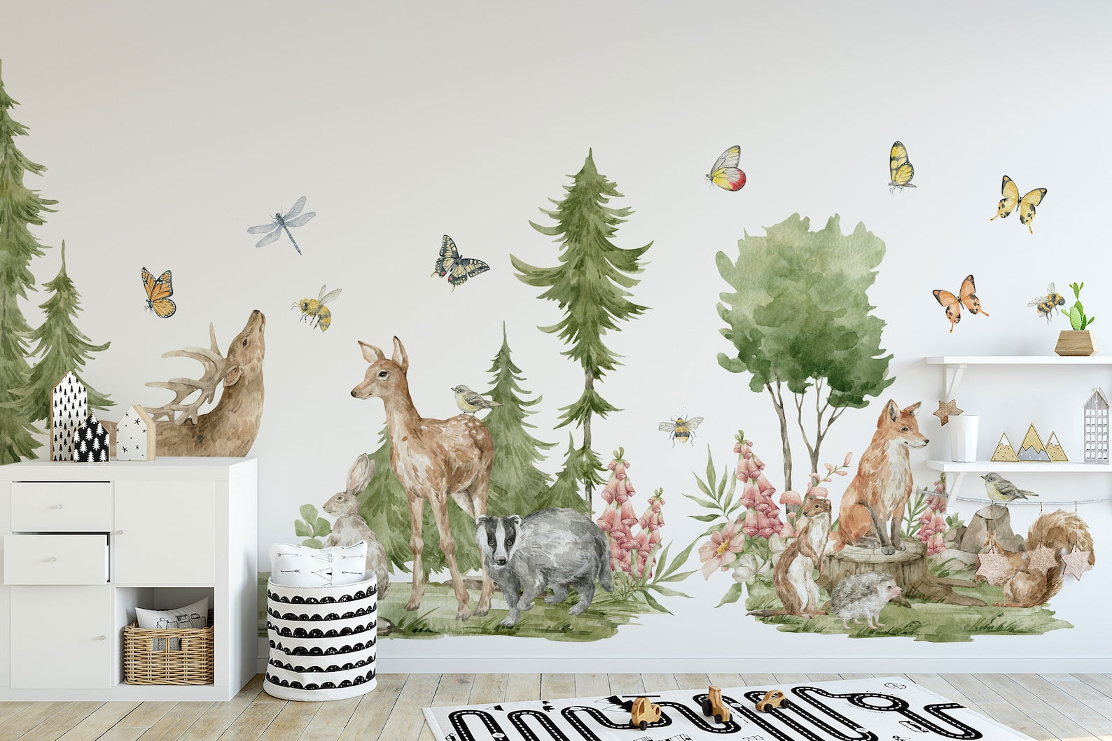 Forest Animals Wall Decal | Cute Animals with Big Trees Wall Sticker | Nursery Watercolor Forest Animals Wall Decals