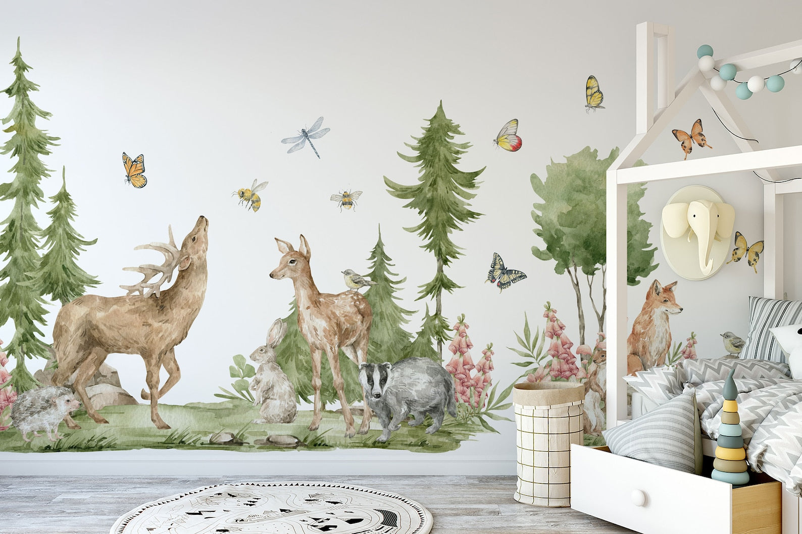 Forest Animals Wall Decal | Cute Animals with Big Trees Wall Sticker | Nursery Watercolor Forest Animals Wall Decals