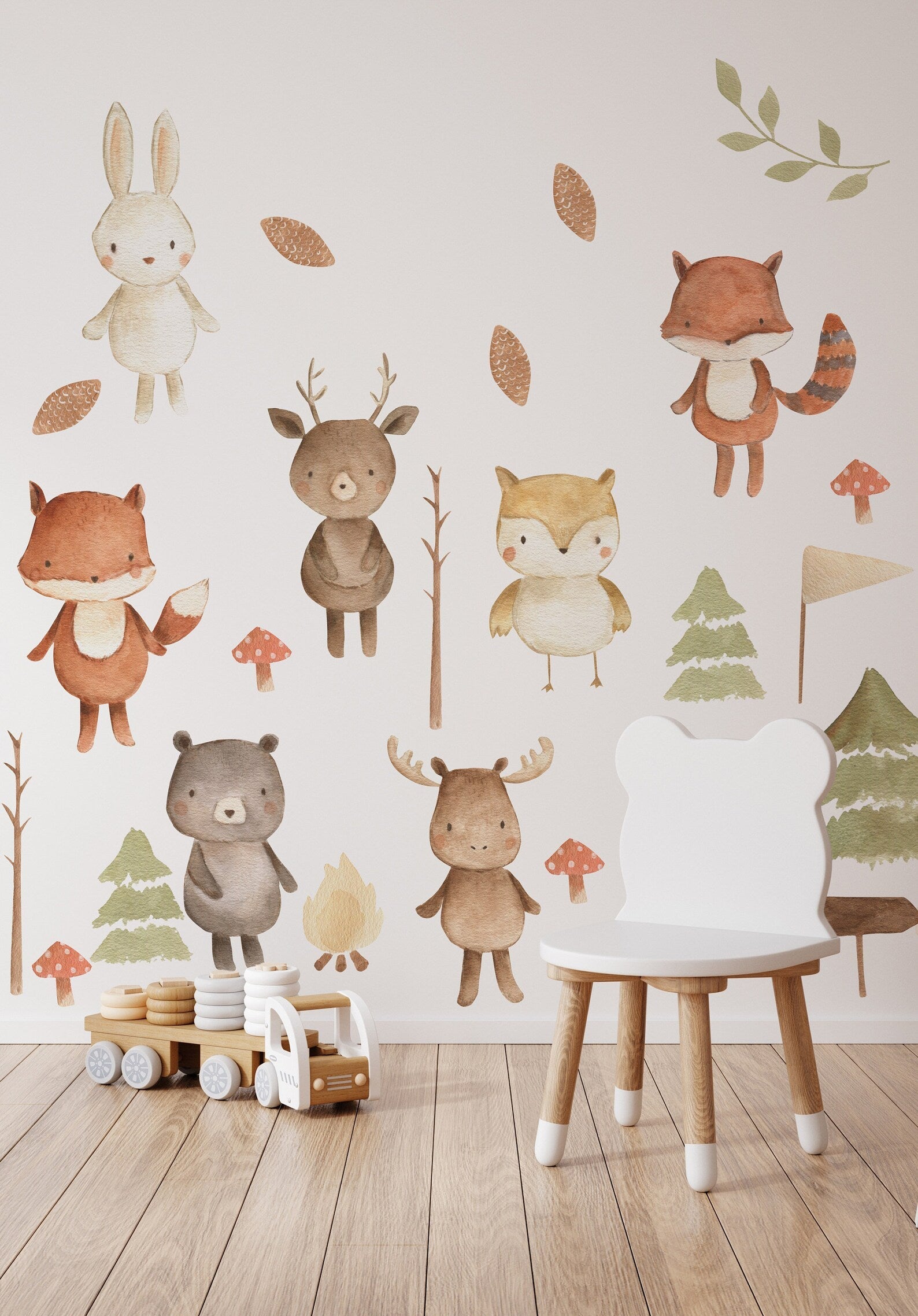 Forest Animals Nursery Wall Decal | Woodland Nursery Decal | Watercolor Bear, Deer, Owl, Fox, Rabbit Stickers | Peel and Stick Wall Decal