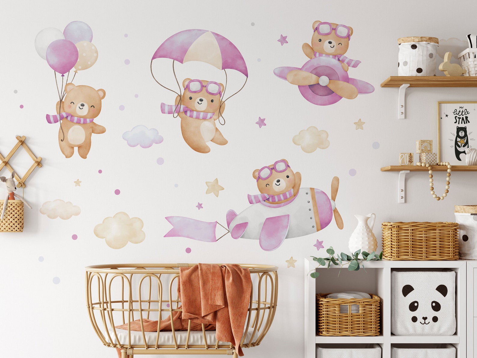 Flying Bears Wall Decals | Nursery Bear Wall Decal | Airplane Wall Decal | Boys Girls Room Decal | Blue and Pink Watercolor Bear Decal