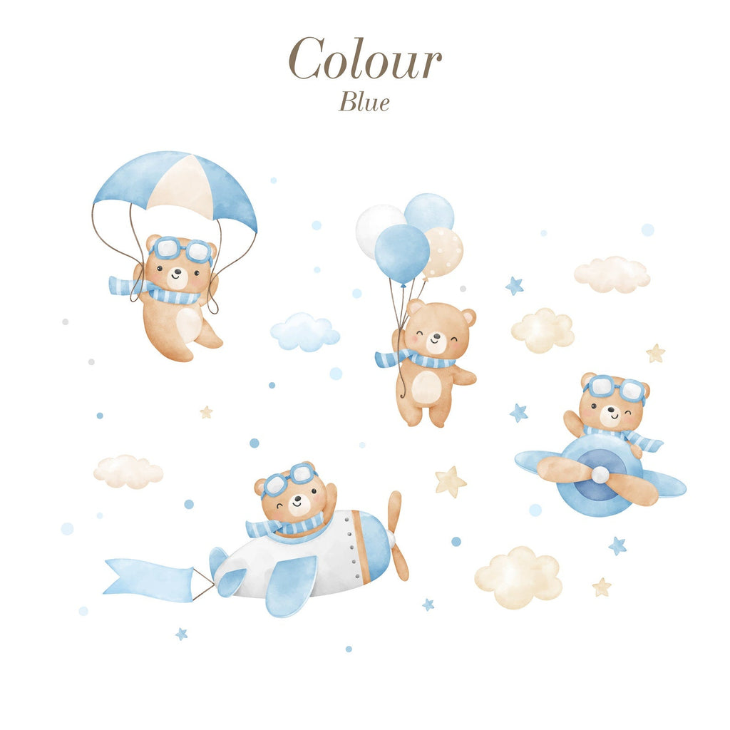 Flying Bears Wall Decals | Nursery Bear Wall Decal | Airplane Wall Decal | Boys Girls Room Decal | Blue and Pink Watercolor Bear Decal