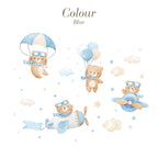 Flying Bears Wall Decals | Nursery Bear Wall Decal | Airplane Wall Decal | Boys Girls Room Decal | Blue and Pink Watercolor Bear Decal