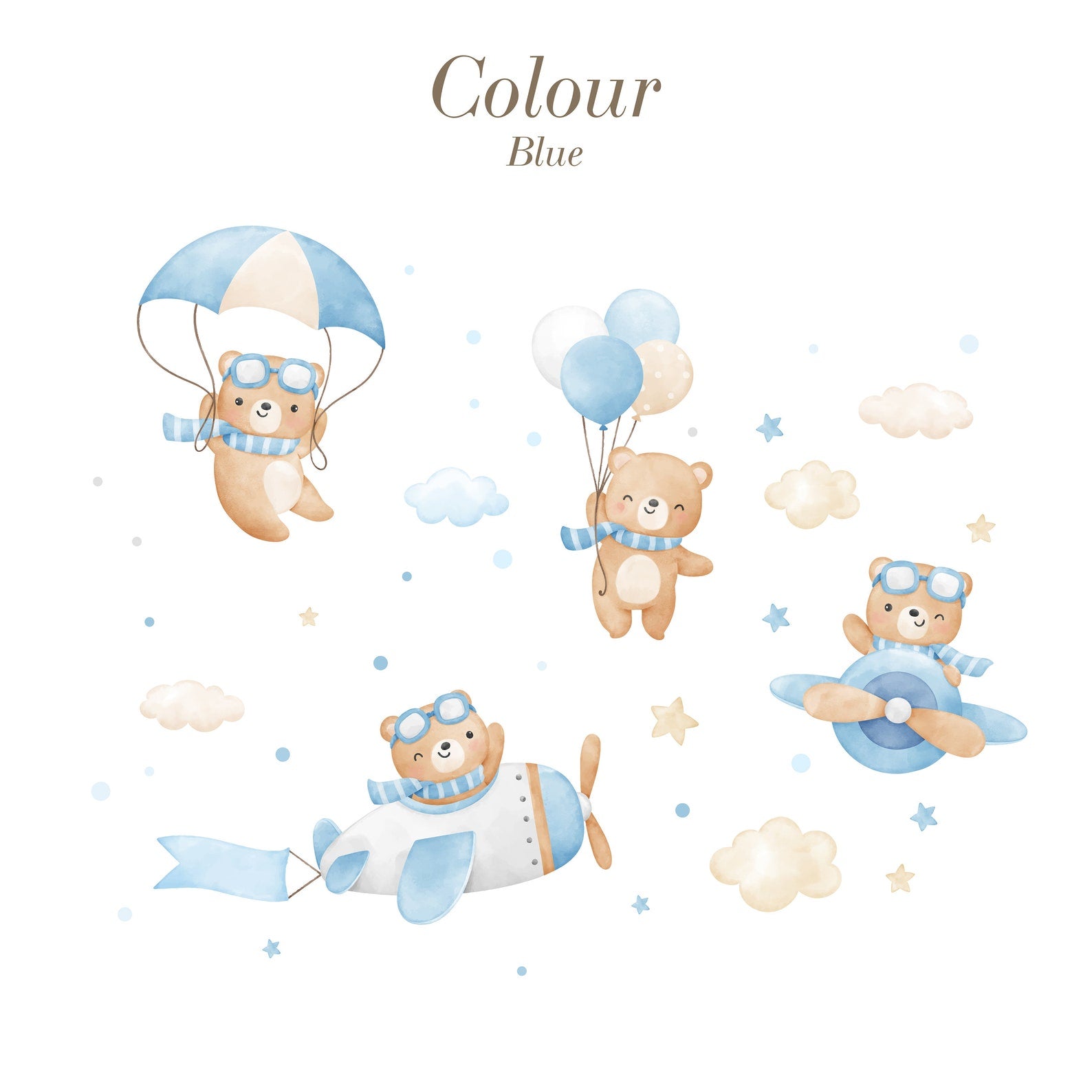 Flying Bears Wall Decals | Nursery Bear Wall Decal | Airplane Wall Decal | Boys Girls Room Decal | Blue and Pink Watercolor Bear Decal