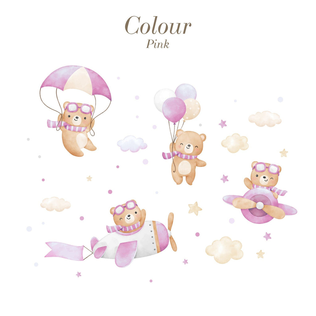 Flying Bears Wall Decals | Nursery Bear Wall Decal | Airplane Wall Decal | Boys Girls Room Decal | Blue and Pink Watercolor Bear Decal