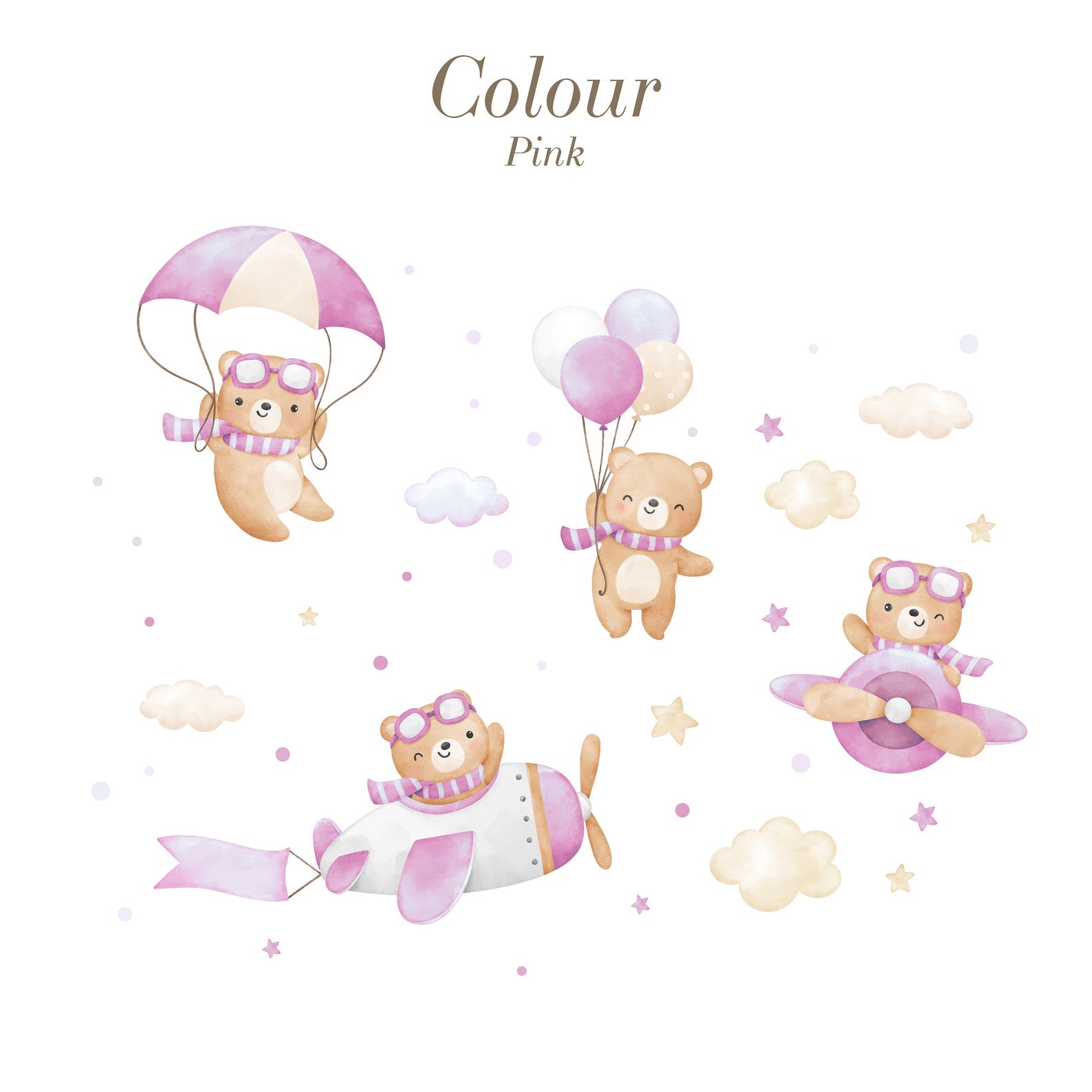 Flying Bears Wall Decals | Nursery Bear Wall Decal | Airplane Wall Decal | Boys Girls Room Decal | Blue and Pink Watercolor Bear Decal