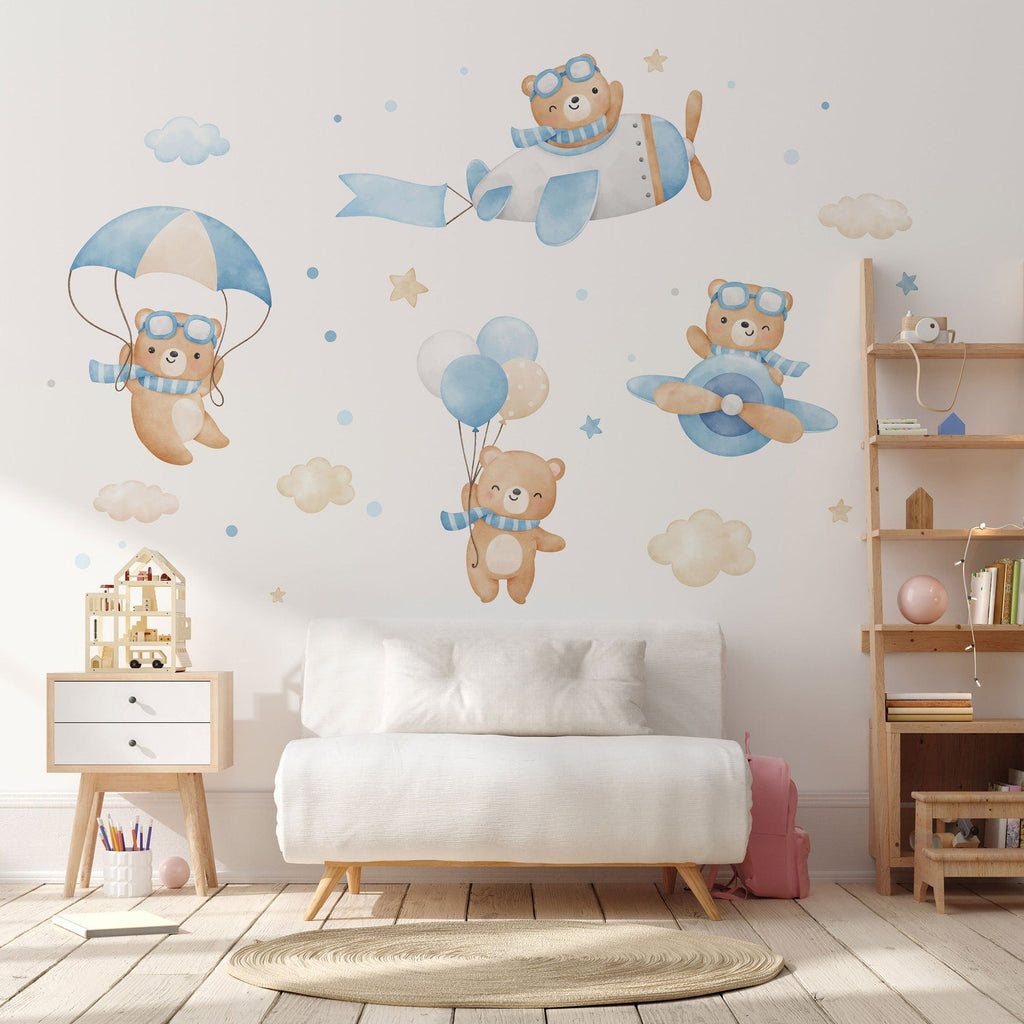 Flying Bears Wall Decals | Nursery Bear Wall Decal | Airplane Wall Decal | Boys Girls Room Decal | Blue and Pink Watercolor Bear Decal
