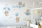 Flying Bears Wall Decals | Nursery Bear Wall Decal | Airplane Wall Decal | Boys Girls Room Decal | Blue and Pink Watercolor Bear Decal