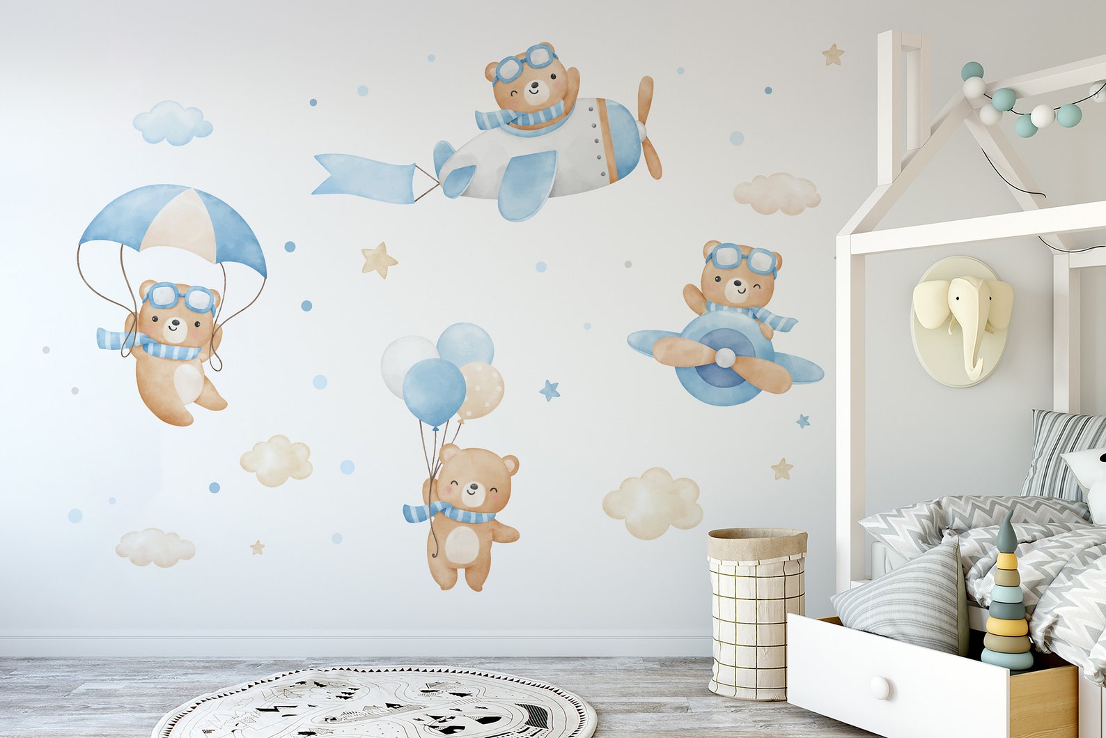 Flying Bears Wall Decals | Nursery Bear Wall Decal | Airplane Wall Decal | Boys Girls Room Decal | Blue and Pink Watercolor Bear Decal