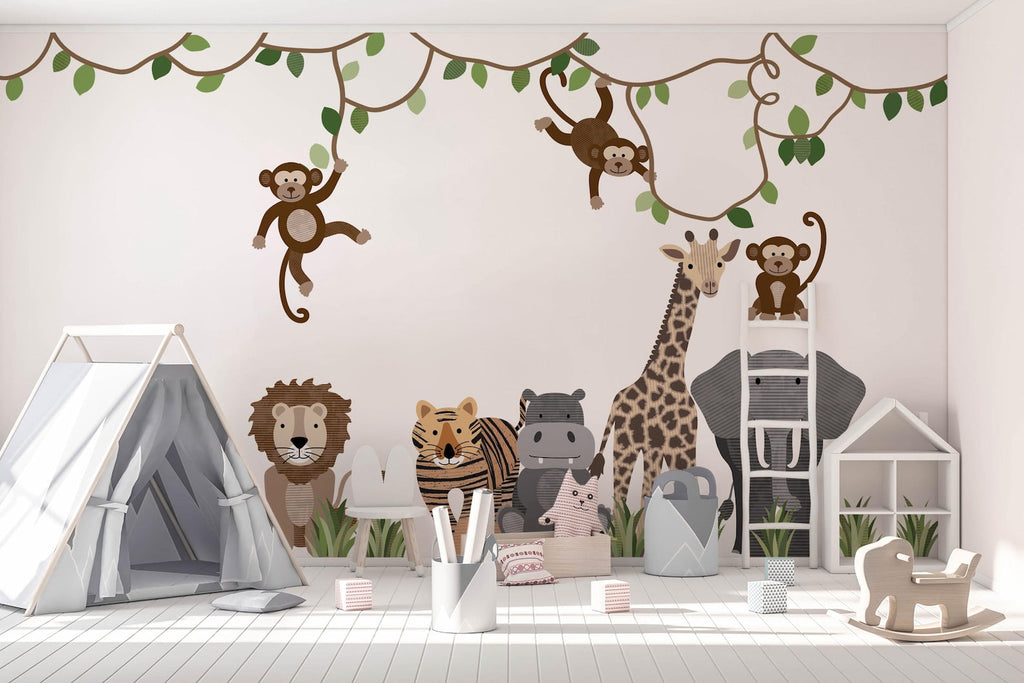 Large Safari Animals and Monkey Wall Decals, Jungle Animal Wall Stickers, Nursery Wall Decals, Repositionable Jungle Wall Decals