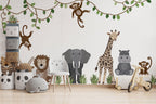 Large Safari Animals and Monkey Wall Decals, Jungle Animal Wall Stickers, Nursery Wall Decals, Repositionable Jungle Wall Decals