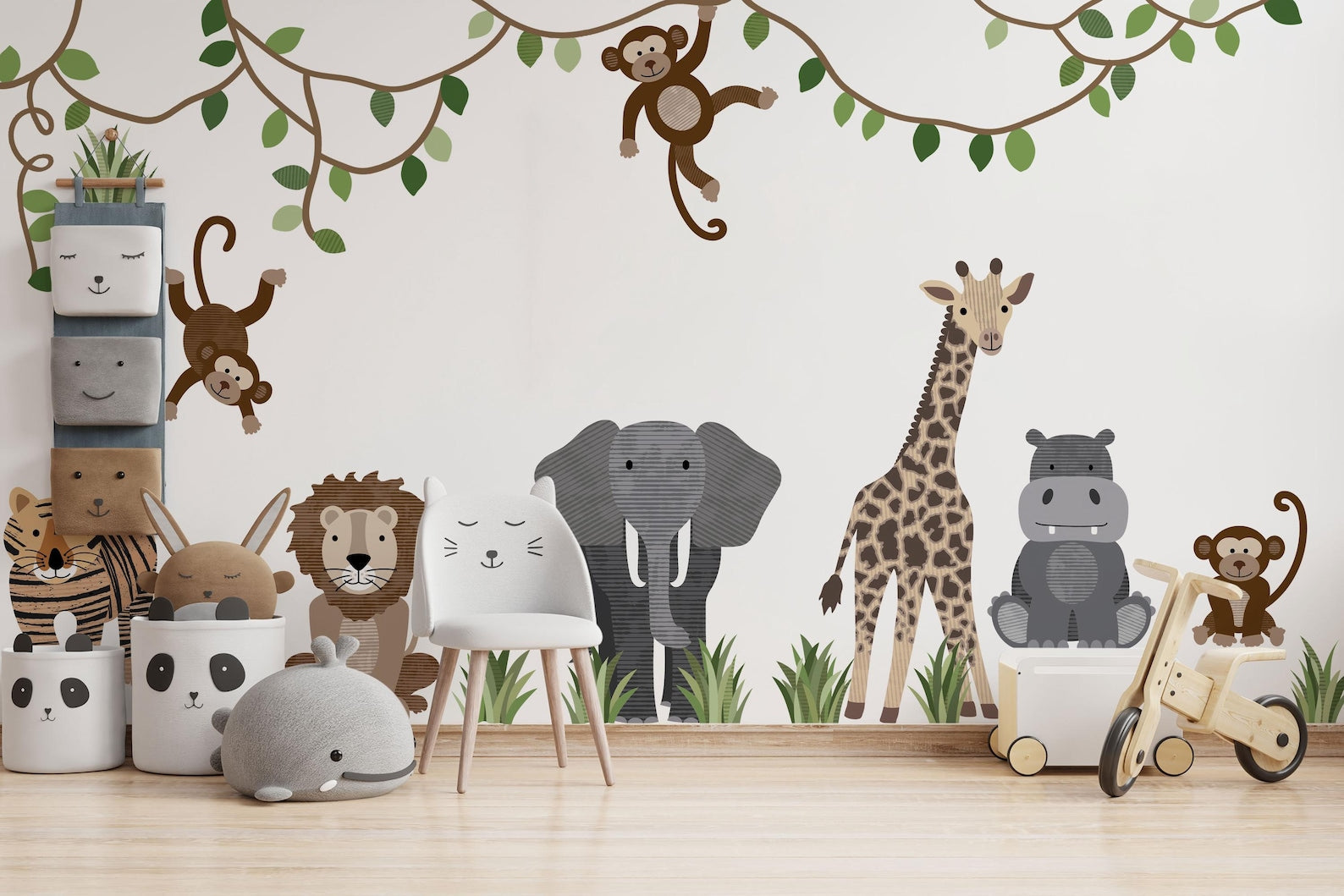 Large Safari Animals and Monkey Wall Decals, Jungle Animal Wall Stickers, Nursery Wall Decals, Repositionable Jungle Wall Decals