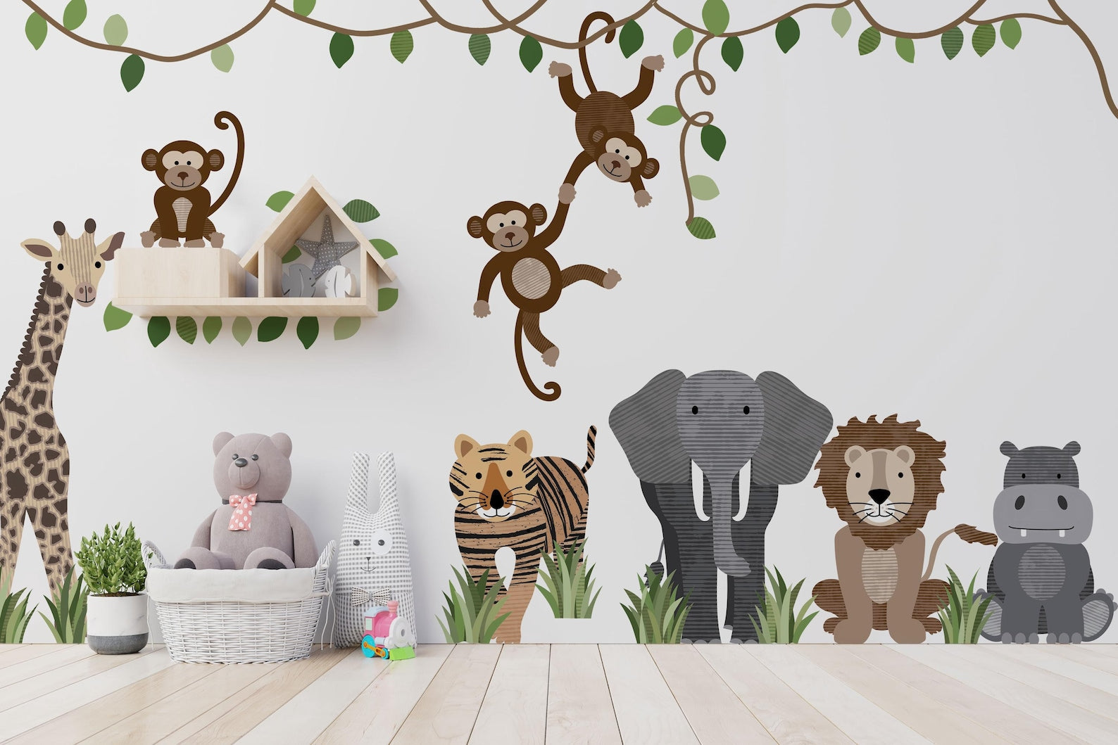 Large Safari Animals and Monkey Wall Decals, Jungle Animal Wall Stickers, Nursery Wall Decals, Repositionable Jungle Wall Decals