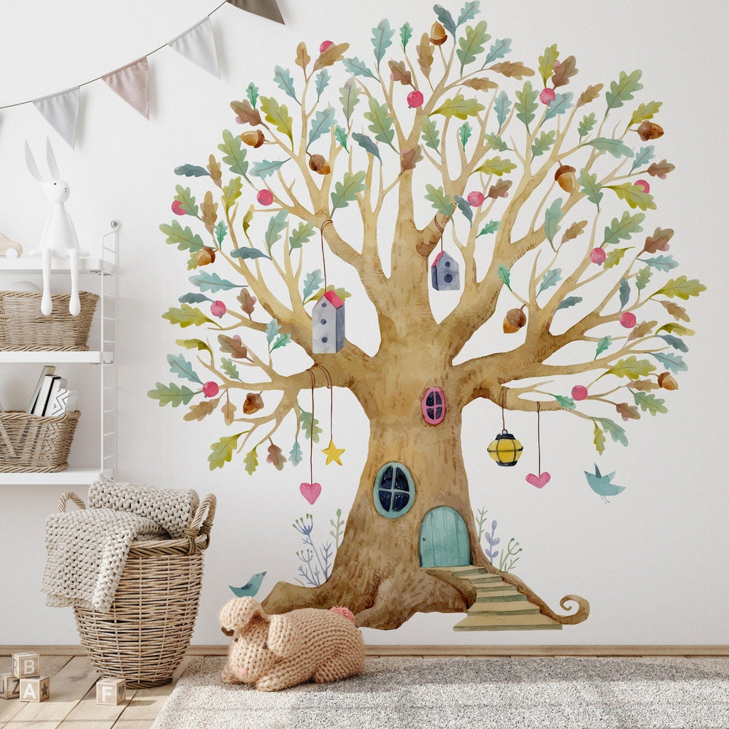 Fairy Tree House Wall Decal | Magical Wildflower Garden Floral and Fairy Wall Sticker - 3 Sizes Available