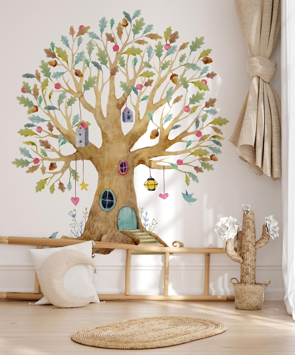 Fairy Tree House Wall Decal | Magical Wildflower Garden Floral and Fairy Wall Sticker - 3 Sizes Available