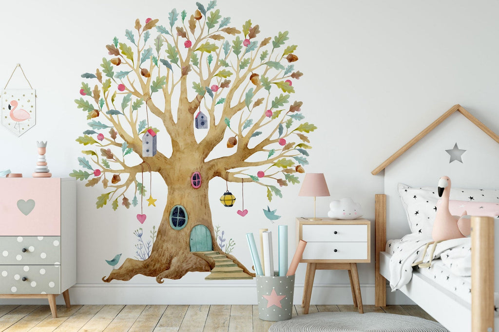 Fairy Tree House Wall Decal | Magical Wildflower Garden Floral and Fairy Wall Sticker - 3 Sizes Available
