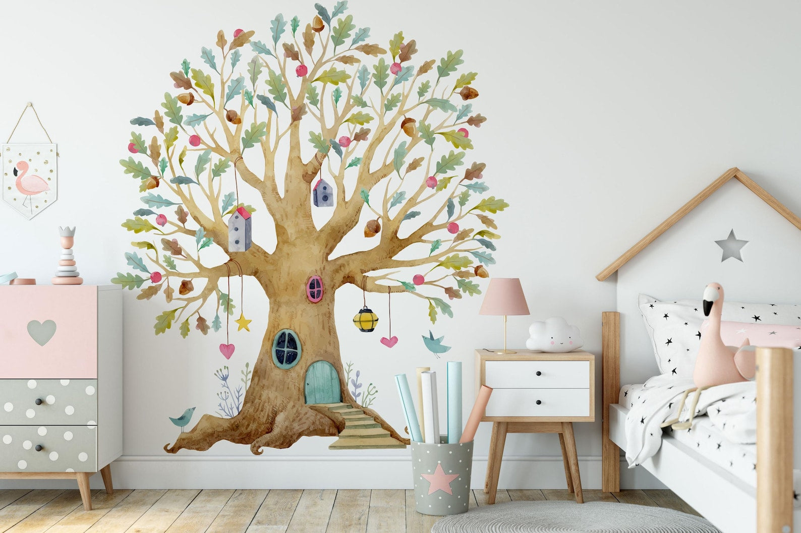Fairy Tree House Wall Decal | Magical Wildflower Garden Floral and Fairy Wall Sticker - 3 Sizes Available
