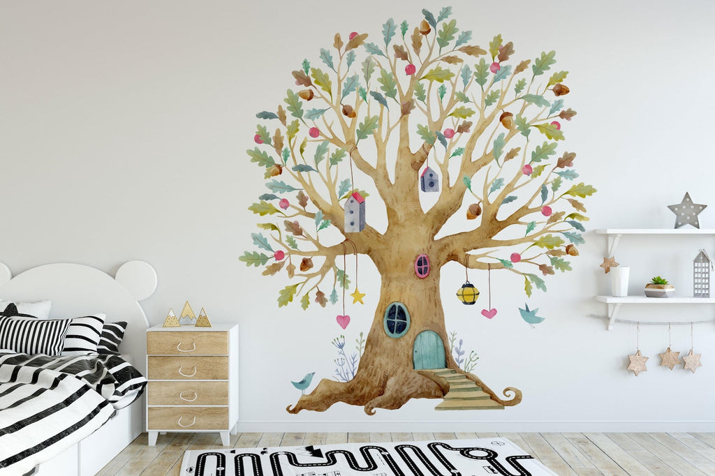 Fairy Tree House Wall Decal | Magical Wildflower Garden Floral and Fairy Wall Sticker - 3 Sizes Available