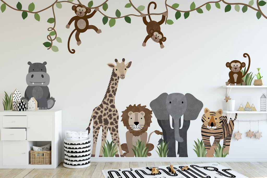 Large Safari Animals and Monkey Wall Decals, Jungle Animal Wall Stickers, Nursery Wall Decals, Repositionable Jungle Wall Decals