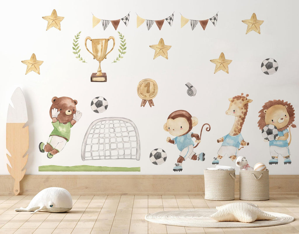 Watercolor Football Animals Nursery Wall Decals | Bear, Monkey, Giraffe, Lion Playing Soccer | Kids Room Decor | Peel and Stick Wall Art