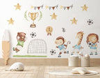 Watercolor Football Animals Nursery Wall Decals | Bear, Monkey, Giraffe, Lion Playing Soccer | Kids Room Decor | Peel and Stick Wall Art