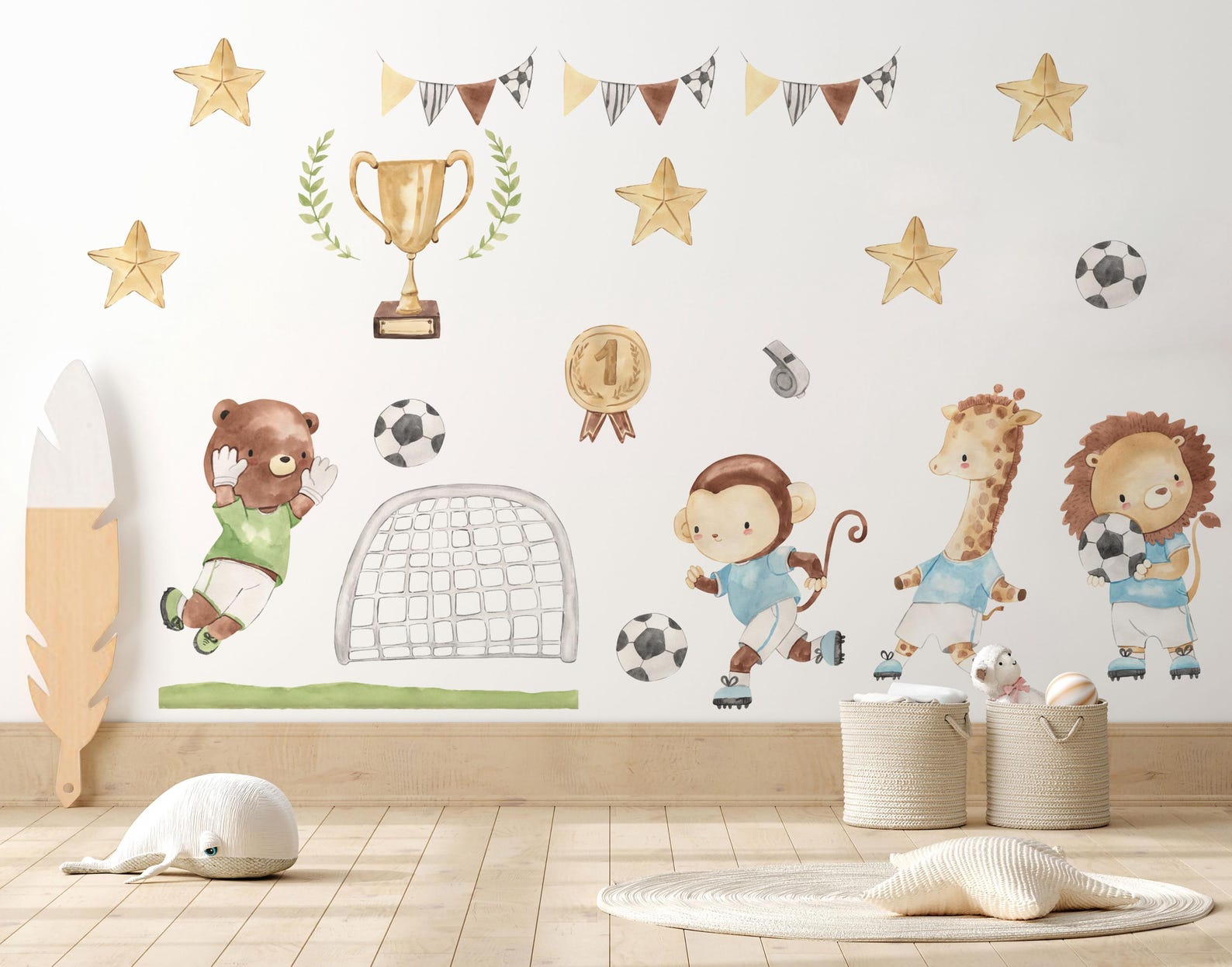 Watercolor Football Animals Nursery Wall Decals | Bear, Monkey, Giraffe, Lion Playing Soccer | Kids Room Decor | Peel and Stick Wall Art
