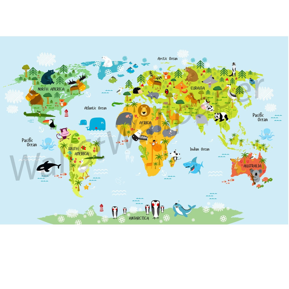 The Whole Wide World Map Wall Mural, Self adhesive removable wallpaper, peel and stick, temporary wallpaper, wall art