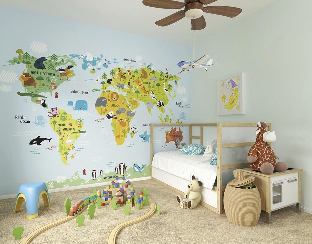 The Whole Wide World Map Wall Mural, Self adhesive removable wallpaper, peel and stick, temporary wallpaper, wall art
