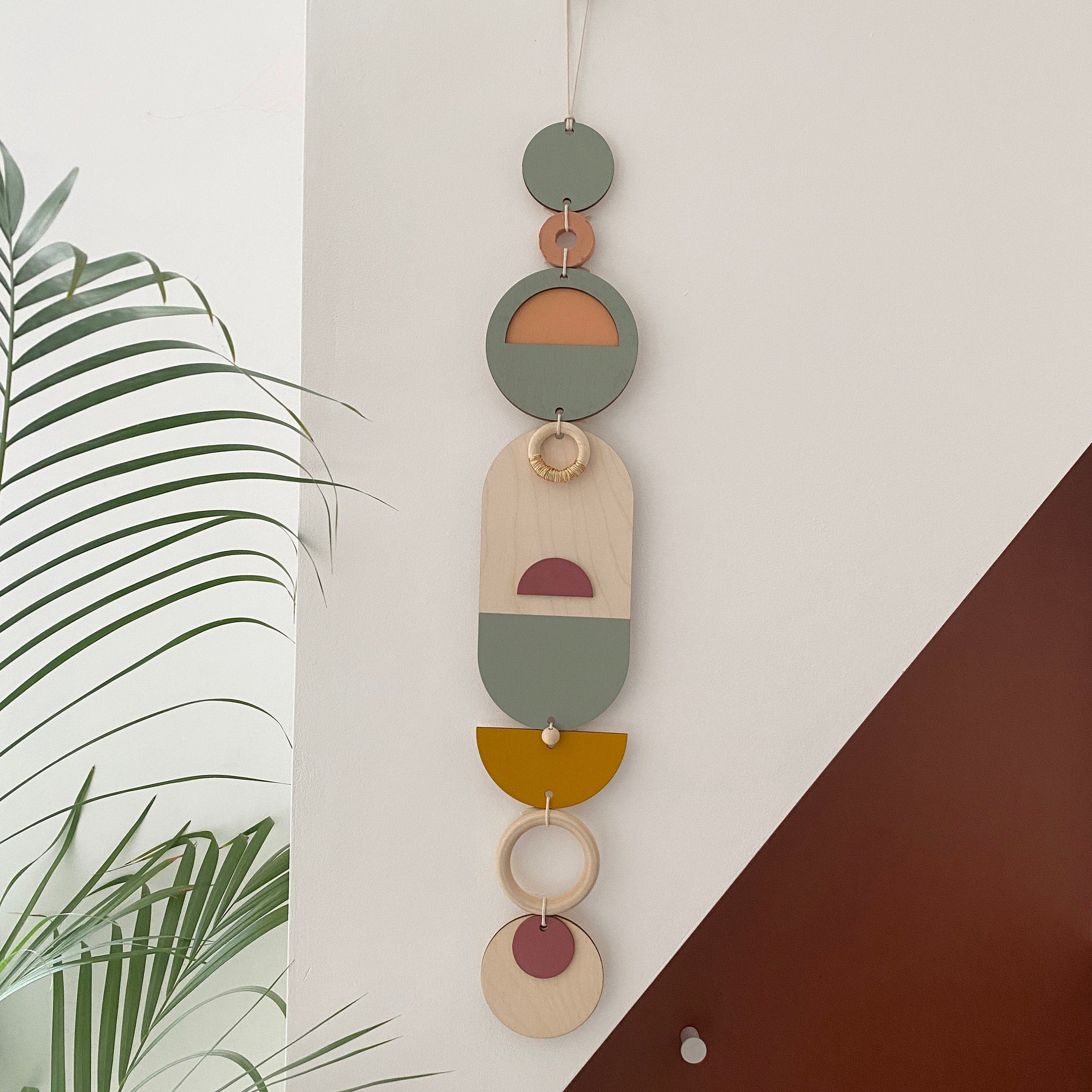Medium Sunset Modern Art Wood Wall Hanging - Green - Red - Blue - Pink - Brown - Neutral - Colourful Wooden Wall Art