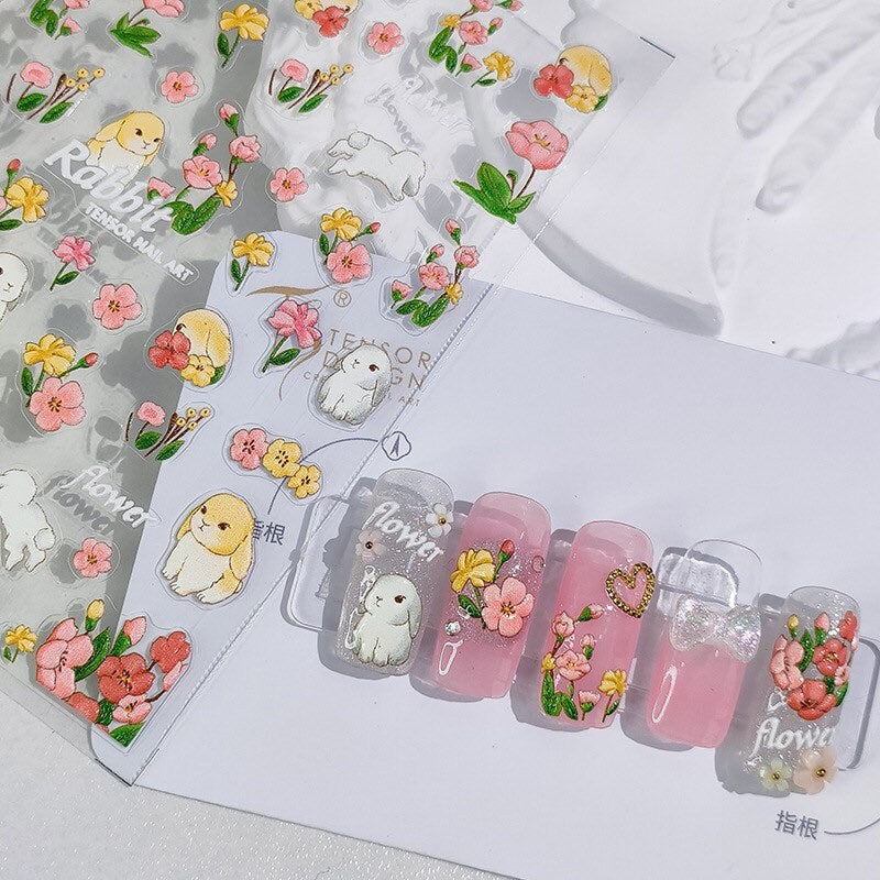 Hello Claws | Pink Rose Bunny Embossed Pattern Design Nail Deco Sticker