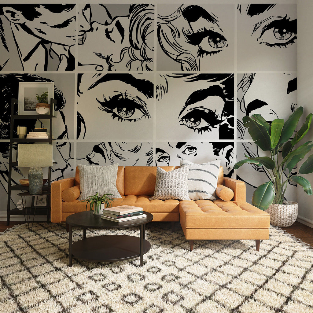 Black & White Pop Art Wall Mural, Self adhesive removable wallpaper, peel and stick, temporary wallpaper, wall art